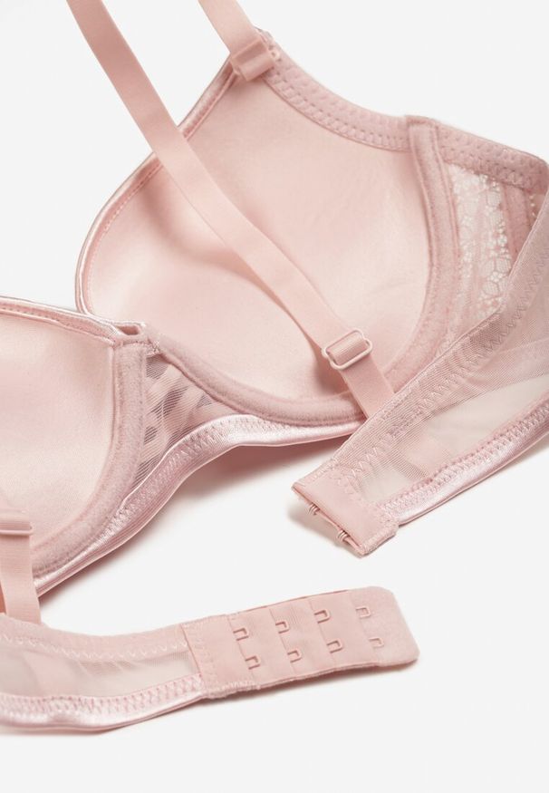 Born2be - Różowy Biustonosz Push Up z Przeszyciami i Wzorem w Kropki Azurelle. Kolor: różowy. Materiał: koronka. Rodzaj stanika: push-up. Wzór: kropki