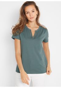 bonprix - Shirt z dekoracyjnym dekoltem. Kolor: zielony. Materiał: bawełna #1