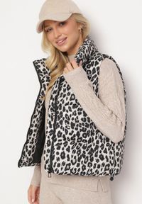 Born2be - Szara Pikowana Panterkowa Kamizelka Merianas. Okazja: na co dzień, na spacer. Typ kołnierza: golf. Kolor: szary. Materiał: skóra. Wzór: aplikacja. Styl: casual, elegancki, sportowy, klasyczny #4