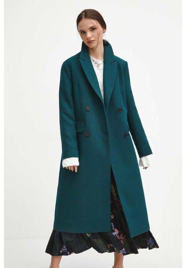 medicine - Medicine płaszcz z domieszką wełny kolor zielony przejściowy dwurzędowy. Kolor: zielony. Materiał: wełna. Wzór: aplikacja. Styl: klasyczny