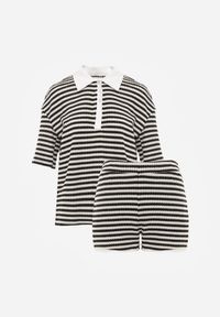 Born2be - Beżowo-Czarny Dzianinowy Komplet Oversize w Paski Koszulka Polo i Szorty Tesanore. Kolor: beżowy. Materiał: dzianina. Wzór: paski #2