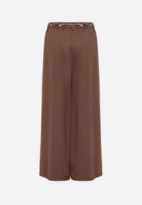 Born2be - Brązowe Spodnie o Szerokim Kroju Ozdobione Paskiem Tusrina. Okazja: na co dzień. Kolor: brązowy. Materiał: jeans. Wzór: aplikacja. Styl: klasyczny, casual, elegancki #3