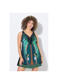 ULLA POPKEN - Damska Sukienka Kąpielowa papugi miękkie miseczki Powermesh. Kolekcja: plus size. Kolor: czarny. Materiał: elastan, poliamid, materiał
