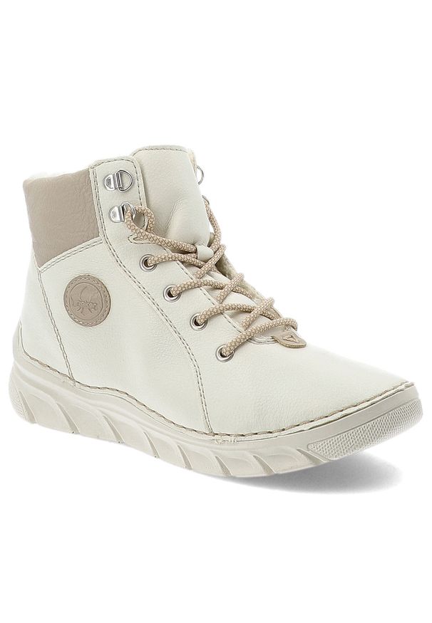 Białe Botki Rieker Ocieplane Obuwie Damskie. Okazja: na spacer, na co dzień. Zapięcie: sznurówki. Kolor: biały. Materiał: materiał, syntetyk. Sezon: zima, jesień. Styl: casual