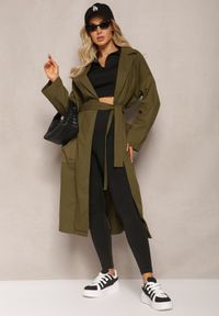 Renee - Zielony Płaszcz z Wiązanym Paskiem Oversize Terethia. Kolor: zielony. Materiał: materiał. Wzór: aplikacja