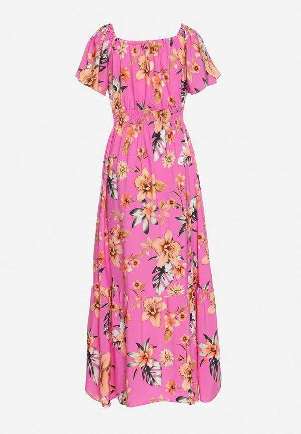 Born2be - Fuksjowa Sukienka w Kwiaty z Gumką w Talii i Hiszpańskim Dekoltem Devoris. Okazja: na co dzień, na spacer, na imprezę. Kolor: różowy. Wzór: kwiaty. Sezon: lato. Styl: casual, elegancki