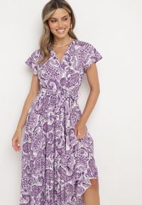 Born2be - Fioletowa Sukienka z Kopertowym Dekoltem z Gumką w Talii i Materiałowym Paskiem Xelovia. Okazja: na co dzień. Kolor: fioletowy. Materiał: materiał. Typ sukienki: kopertowe. Styl: casual, elegancki #2