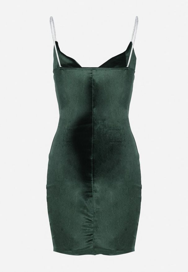 Born2be - Zielona Dopasowana Sukienka Welurowa z Kopertowym Dekoltem Evicco. Typ kołnierza: dekolt kopertowy. Kolor: zielony. Materiał: welur. Wzór: aplikacja. Typ sukienki: kopertowe. Styl: elegancki