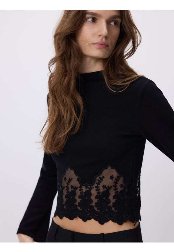 Reserved - Bluzka z koronką - czarny. Kolor: czarny. Materiał: koronka. Wzór: koronka
