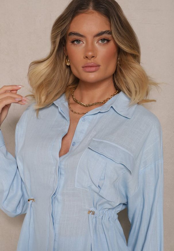 Renee - Niebieski Komplet z Wiskozą Spodnie o Szerokim Kroju i Koszula Ściągana w Talii Divanea. Kolor: niebieski. Materiał: wiskoza