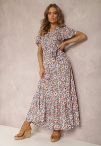 Renee - Niebiesko-Pomarańczowa Sukienka z Wiskozy Teofeneus. Kolor: niebieski. Materiał: wiskoza. Długość rękawa: krótki rękaw. Wzór: kwiaty. Typ sukienki: kopertowe. Długość: maxi