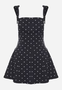 Born2be - Granatowa Sukienka Vices w Grochy o Rozkloszowanym Kroju z Wiązaniem na Ramiączkach Saririse. Okazja: na wesele, na ślub cywilny. Typ kołnierza: dekolt gorset, dekolt kwadratowy. Kolor: niebieski. Długość rękawa: na ramiączkach. Wzór: grochy. Typ sukienki: gorsetowe #5