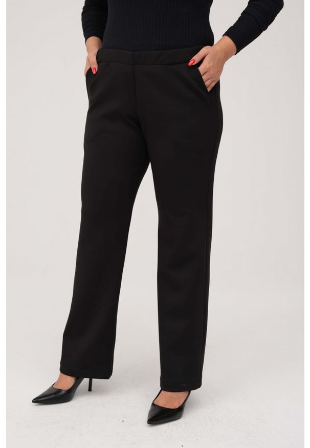 Moda Size Plus Iwanek - Klasyczne czarne spodnie z prostą nogawką i wysokim stanem OVERSIZE PLUS SIZE XXL. Okazja: do pracy, na co dzień. Stan: podwyższony. Kolekcja: plus size. Kolor: czarny. Materiał: nylon, tkanina, wiskoza, materiał. Długość: krótkie. Styl: klasyczny