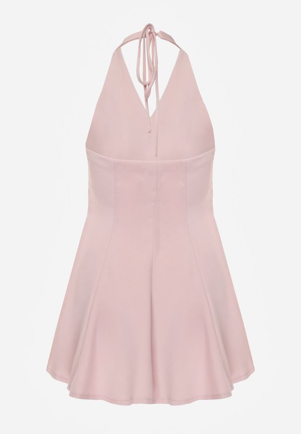 Born2be - Różowa Sukienka Taliowana Wiązana na Szyi z Ozdobnymi Guzikami Cilamene. Okazja: na co dzień. Kolor: różowy. Materiał: poliester. Wzór: aplikacja. Styl: casual, elegancki, klasyczny