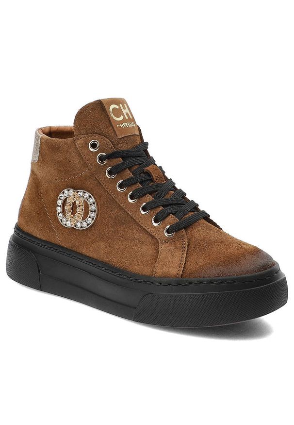 Brązowe Sneakersy CheBello Wygodne Skórzane Buty Damskie. Okazja: na co dzień. Kolor: brązowy. Materiał: skóra. Szerokość cholewki: normalna. Styl: casual