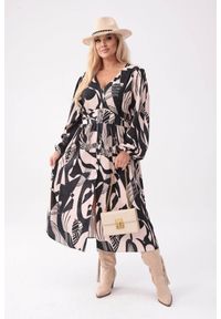 Moda Size Plus Iwanek - Beżowa sukienka Gabriela - elegancja w nowoczesnej formie w geometryczny wzór PLUS SIZE XXL OVERSIZE. Okazja: na co dzień. Kolekcja: plus size. Kolor: beżowy. Wzór: geometria. Typ sukienki: dla puszystych, oversize. Materiał: tkanina, poliester, elastan, materiał. Długość rękawa: długi rękaw. Sezon: jesień. Styl: klasyczny, casual, elegancki. Długość: midi