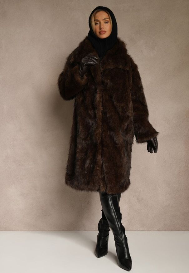 Renee - Brązowy Płaszcz Futro o Jednorzędowym Kroju z Szerokim Kołnierzem Aweda. Okazja: na co dzień. Kolor: brązowy. Materiał: futro. Styl: wizytowy, casual, elegancki