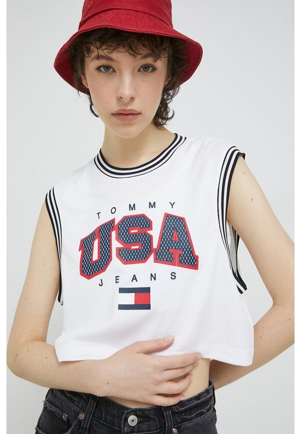 Tommy Jeans top damski kolor biały. Kolor: biały. Materiał: poliester. Wzór: nadruk