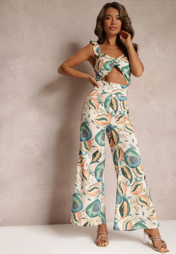 Renee - Beżowy Kwiecisty Komplet 2-częściowy z Topem i Szerokimi Spodniami Assomi. Kolor: beżowy