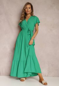 Renee - Zielona Sukienka Metia. Kolor: zielony. Materiał: materiał, tkanina. Wzór: geometria, gładki. Długość: maxi