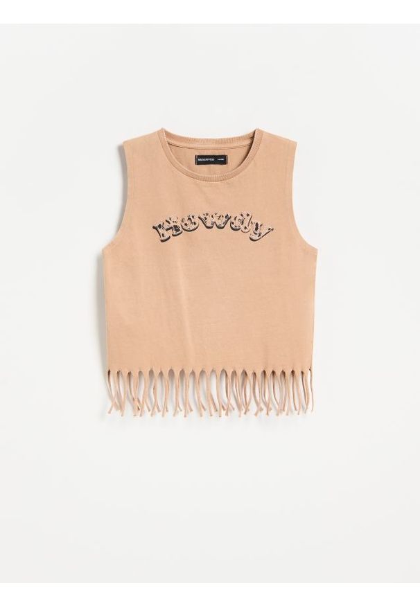 Reserved - Top z frędzlami - beżowy. Kolor: beżowy. Materiał: bawełna