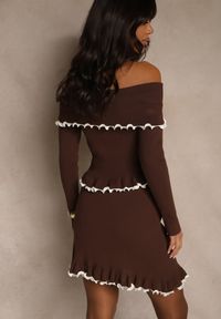 Renee - Brązowy Komplet Dzianinowy z Wiskozą Bluzka z Odkrytymi Ramionami i Spódnica Zozalina. Kolor: brązowy. Materiał: dzianina, wiskoza #2