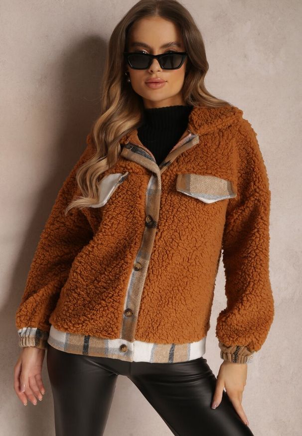 Renee - Brązowa Kurtka Futerko Teddy Oversize Bizo. Kolor: brązowy. Materiał: futro. Wzór: nadruk