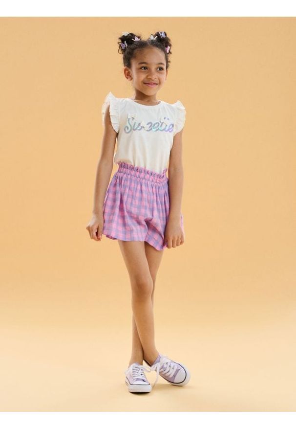 Sinsay - Koszulka z ozdobnymi falbanami i cekinami - kremowy. Kolor: kremowy