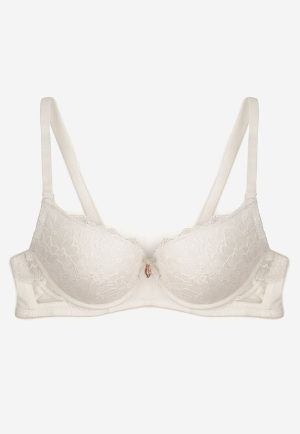 Born2be - Jasnobeżowy Koronkowy Biustonosz Ozdobiony Kokardką Ezanzee. Kolor: beżowy. Materiał: koronka. Rodzaj stanika: odpinane ramiączka, różne sposoby noszenia. Wzór: aplikacja