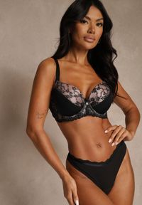 Renee - Czarno-Różowy Biustonosz z Koronką i Cyrkoniami Himelodia. Kolor: czarny. Materiał: koronka. Wzór: koronka #2
