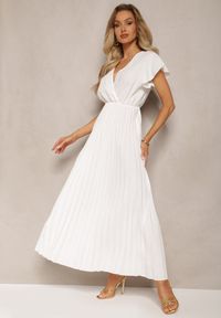 Renee - Biała Plisowana Sukienka Maxi o Rozkloszowanym Kroju z Kopertowym Dekoltem Ofilva. Kolor: biały. Typ sukienki: kopertowe. Styl: elegancki. Długość: maxi #4