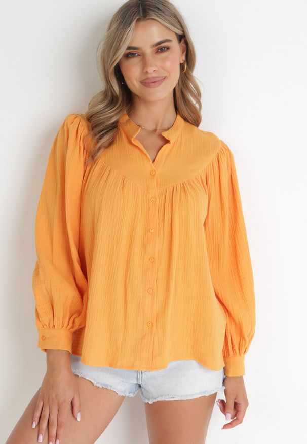 Born2be - Pomarańczowa Koszula z Guzikami i Marszczeniem z Bawełny Elizat. Kolor: pomarańczowy. Materiał: bawełna