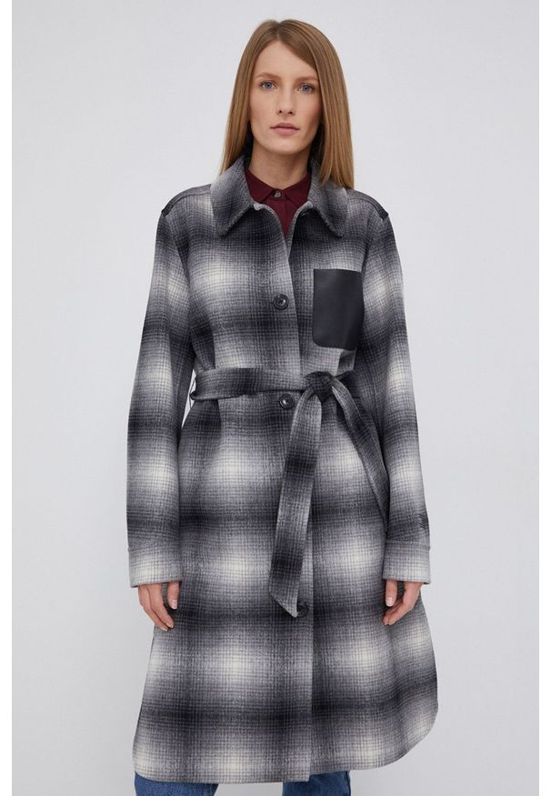 TOMMY HILFIGER - Tommy Hilfiger Płaszcz wełniany kolor szary przejściowy. Okazja: na co dzień. Kolor: szary. Materiał: wełna. Styl: casual