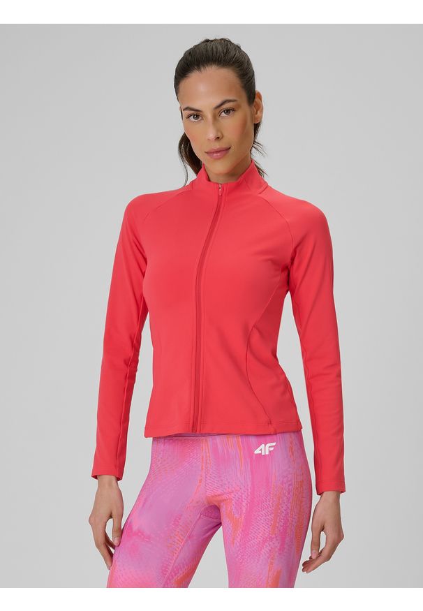 4f - 4F Bluza treningowa slim bez kaptura damska - koralowa L. Typ kołnierza: bez kaptura. Kolor: różowy. Materiał: materiał, skóra, włókno