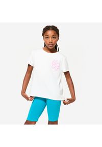 Decathlon - Koszulka sportowa z krótkim rękawem dla dzieci Domyos. Kolor: biały. Materiał: materiał, poliester, bawełna, elastan, lyocell. Długość rękawa: krótki rękaw. Długość: krótkie. Sport: joga i pilates