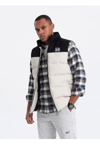 Ombre Clothing - Męski pikowany bezrękawnik w kontrastowych kolorach - kremowy V1 - Rozmiar: S/M. Kolor: kremowy. Materiał: poliester, materiał. Długość rękawa: bez rękawów. Wzór: aplikacja