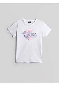 4f - 4F T-shirt regular z nadrukiem damski - biały S. Okazja: na co dzień, na spacer, do pracy. Kolor: biały. Materiał: materiał, bawełna. Wzór: nadruk. Styl: casual #1