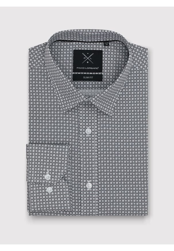 Pako Lorente - PAKO LORENTE – Ciemna koszula męska w geometryczny wzór. Materiał: elastan, bawełna. Długość rękawa: długi rękaw. Długość: długie. Wzór: geometria
