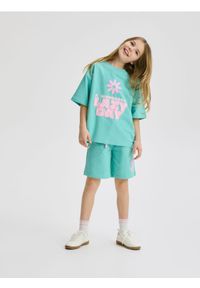 Reserved - Bawełniany komplet z nadrukiem - jasnoturkusowy. Kolor: turkusowy. Materiał: bawełna. Wzór: nadruk #1