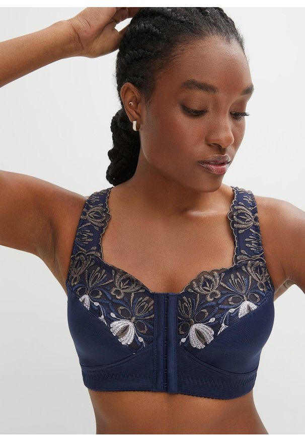 bonprix - Biustonosz odciążający bez fiszbinów z praktycznym zapięciem z przodu. Kolor: niebieski. Wzór: haft