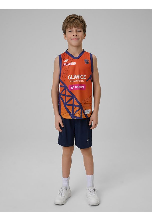 4f - 4F Koszulka meczowa replika domowa z sezonu 2024/25 dziecięca 4F x GTK Gliwice - multikolor 98/104. Typ kołnierza: dekolt w serek. Kolor: wielokolorowy. Materiał: włókno, dzianina, syntetyk, materiał. Wzór: gładki, ze splotem, nadruk. Sezon: lato. Sport: fitness, koszykówka