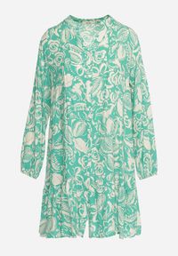 Born2be - Zielona Koszulowa Sukienka Mini o Rozkloszowanym Fasonie z Kwiatowym Motywem Hexama. Typ kołnierza: kołnierzyk stójkowy. Kolor: zielony. Długość rękawa: długi rękaw. Wzór: kwiaty. Sezon: wiosna, lato. Typ sukienki: koszulowe. Długość: mini #3