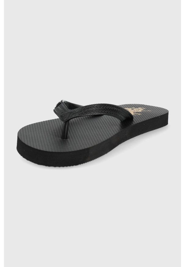 U.S. Polo Assn. japonki damskie kolor czarny na płaskim obcasie. Kolor: czarny. Materiał: materiał. Wzór: gładki. Obcas: na obcasie. Wysokość obcasa: niski