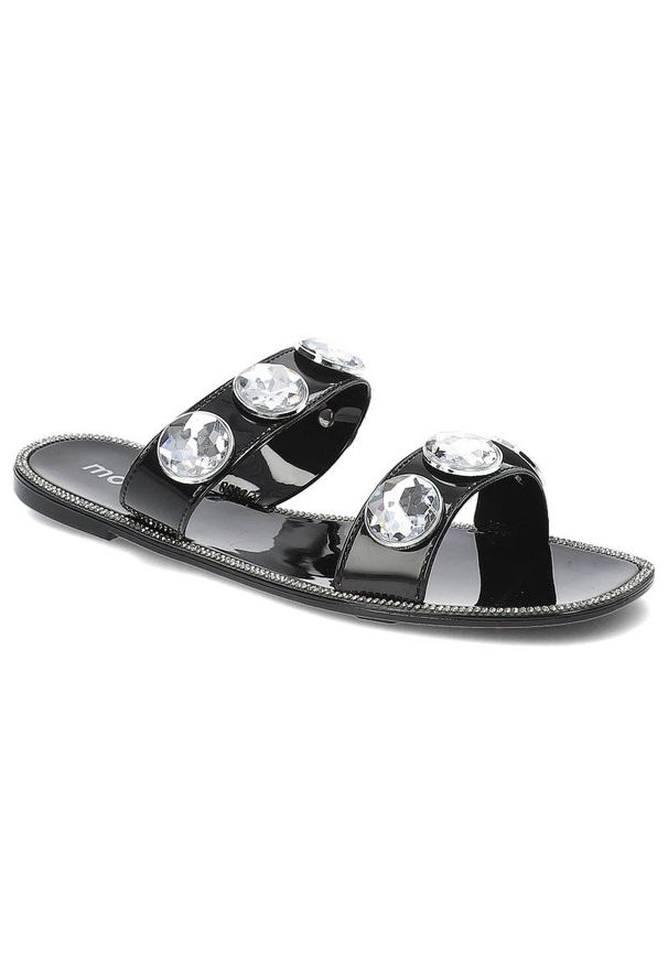 Czarne Klapki Moow Eleganckie Buty Na Lato. Okazja: na co dzień. Kolor: czarny. Materiał: jeans, lakier, skóra ekologiczna, materiał. Wzór: paski, aplikacja. Sezon: lato. Styl: elegancki