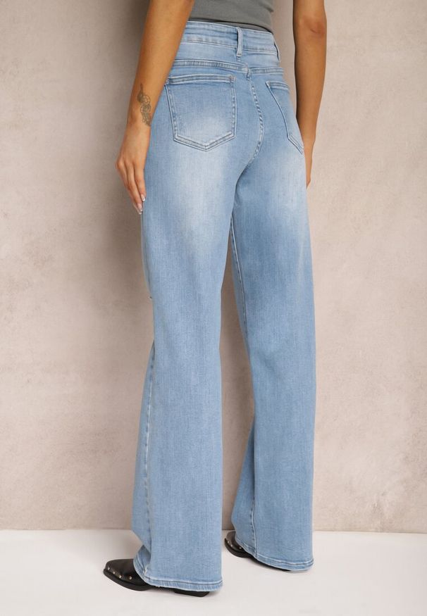 Renee - Niebieskie Jeansy o Szerokim Kroju High Waist z Bawełny Eviraena. Okazja: na co dzień. Stan: podwyższony. Kolor: niebieski. Długość: długie. Wzór: aplikacja. Styl: elegancki, casual