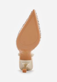 Born2be - Złote Transparentne Szpilki z Odkrytą Piętą i Cyrkoniami na Nosku Ilunatia. Okazja: na co dzień, na randkę, na ślub cywilny, na wesele. Kolor: złoty. Materiał: jeans. Obcas: na szpilce. Styl: casual, elegancki, wizytowy #9