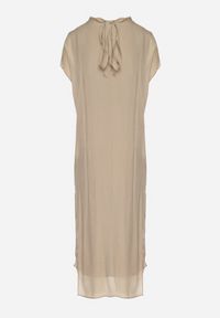 Born2be - Beżowa Sukienka Pudełkowa Ozdobiona Wiązaniem Napelira. Okazja: na co dzień. Kolor: beżowy. Materiał: jeans. Wzór: aplikacja. Styl: klasyczny, casual, elegancki #5