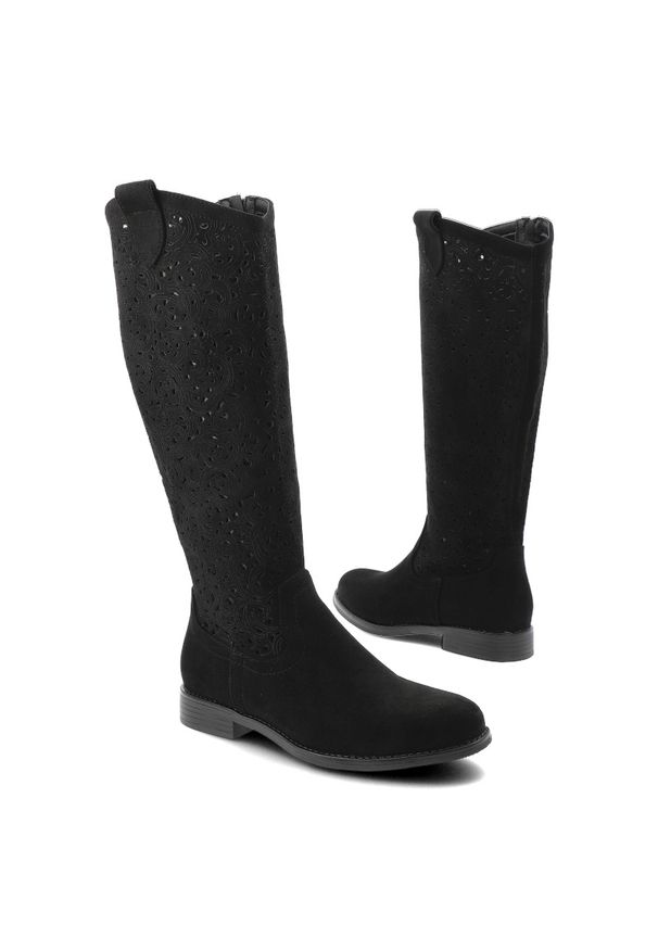 Kozaki damskie S.Barski, cholewka z materiału perforowana konstrukcja wysoka forma stabilny niski obcas miękka wkładka wygodne zapinane na suwak, cza. Okazja: na co dzień. Kolor: czarny. Materiał: materiał. Szerokość cholewki: normalna. Wzór: ażurowy. Obcas: na obcasie. Styl: casual, elegancki. Wysokość obcasa: niski