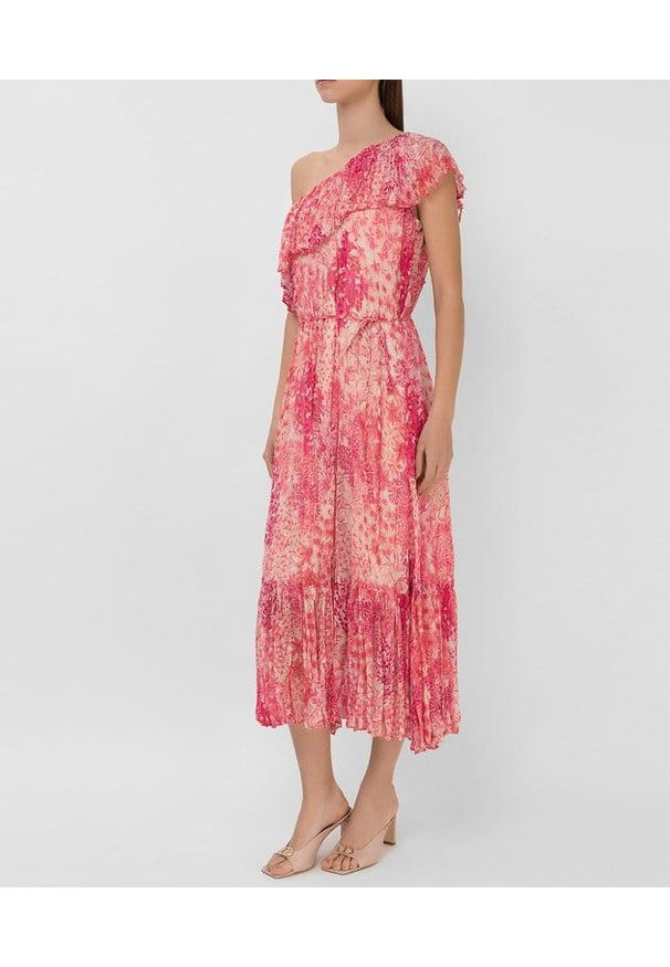 TwinSet - Sukienka z krepony w kwiaty na jedno ramię Twinset. Kolor: różowy. Materiał: tkanina, poliester. Wzór: kwiaty. Typ sukienki: dopasowane. Styl: klasyczny