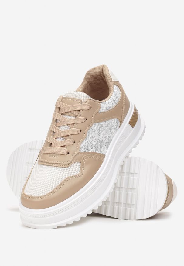 Renee - Ciemnobeżowe Sznurowane Sneakersy z Brokatem na Grubej Podeszwie z Wycięciami Amena. Kolor: beżowy
